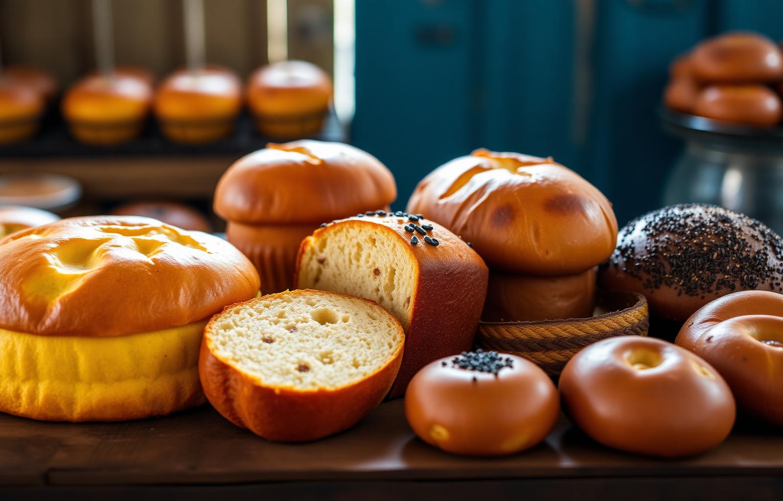 Caribbean baked goods spread including bulla cakes, hard dough bread, and buns